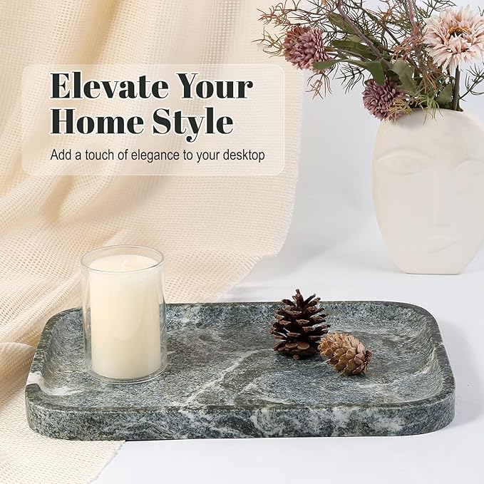 Koville Marble Tray, 12"x8" Natural Marble Vanity Tray for Countertop Bathroom Kitchen Dresser, Decorative Catchall Trays for Perfume Jewelry, Rectangular Stone Serving Tray(Green)