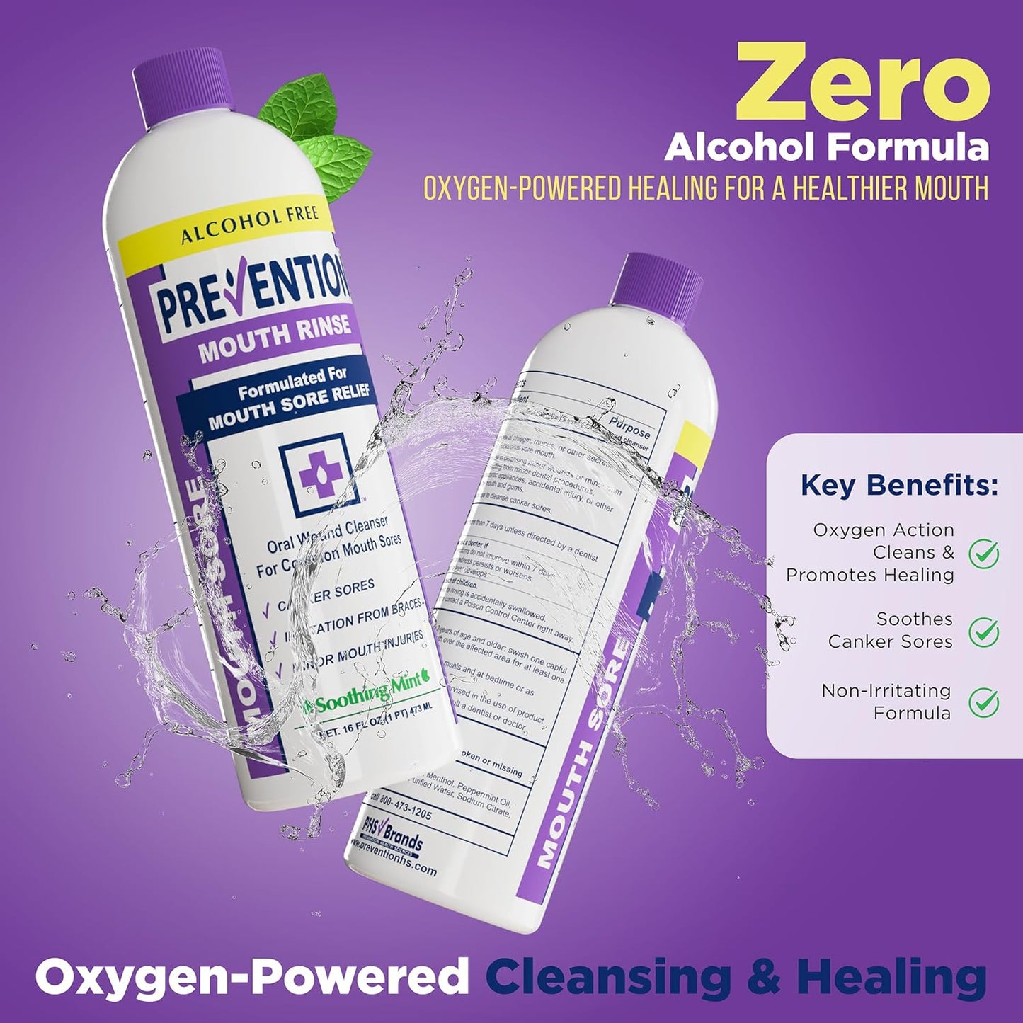 Prevention Mouth Sore Mouth Rinse, Canker Sore Treatment, Oral Pain Relief Mouthwash for Ulcers and Sores, Braces, with Hydrogen Peroxide, Alcohol-Free, Fluoride Free, 16 oz, Soothing Mint, 2 Pack