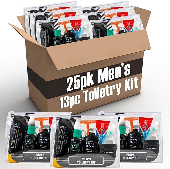 25 Pack of Homeless Care Package Supplies Bulk Summer Hygiene Travel Kits for Men, 13 Piece Travel Size Toiletries, Summer Homeless Essentials Supplies in Bulk