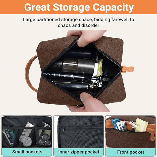 Elviros Travel Toiletry Bag for Men, Hanging Dopp Kit and Shaving Pouch, Waterproof PU Leather Mens Toiletry Travel Bag, Brown