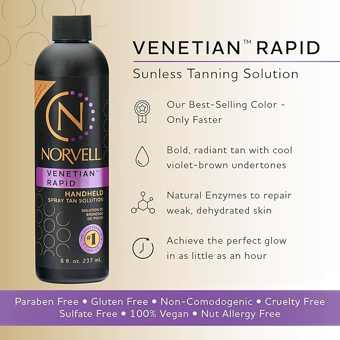 Norvell Premium Rapid Spray Tan Solution Venetian One 8 fl oz – Professional Sunless Tanning Formula for Ultra Fast Natural Bronze Glow, Streak Free, Fast Drying, Long Lasting Color