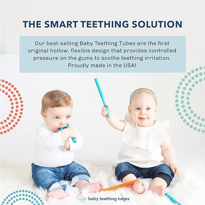 Baby Teething Tubes - Made in The USA Baby Teething Toys - Soft & Durable Infant Toys and Toddler Silicone Teether - 7 Inches, Orange - Baby Must Haves for Teething Relief - Food Safe & Easy to Clean