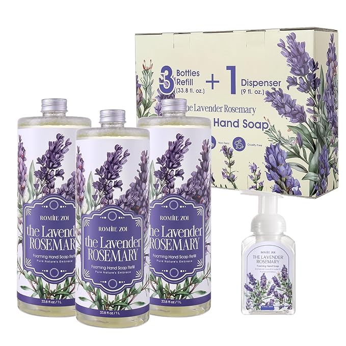 ROMIIE ZOI Foaming Hand Soap Refill Gift Set-3 Pack with Dispenser, Cruelty-Free and Biodegradable Formula, Moisturizing with Essential Oil for Sensitive Skin,Lavender Rosemary Scent,(33.8 Fl Oz x 3)