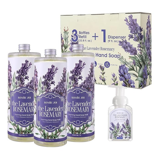 ROMIIE ZOI Foaming Hand Soap Refill Gift Set-3 Pack with Dispenser, Cruelty-Free and Biodegradable Formula, Moisturizing with Essential Oil for Sensitive Skin,Lavender Rosemary Scent,(33.8 Fl Oz x 3)