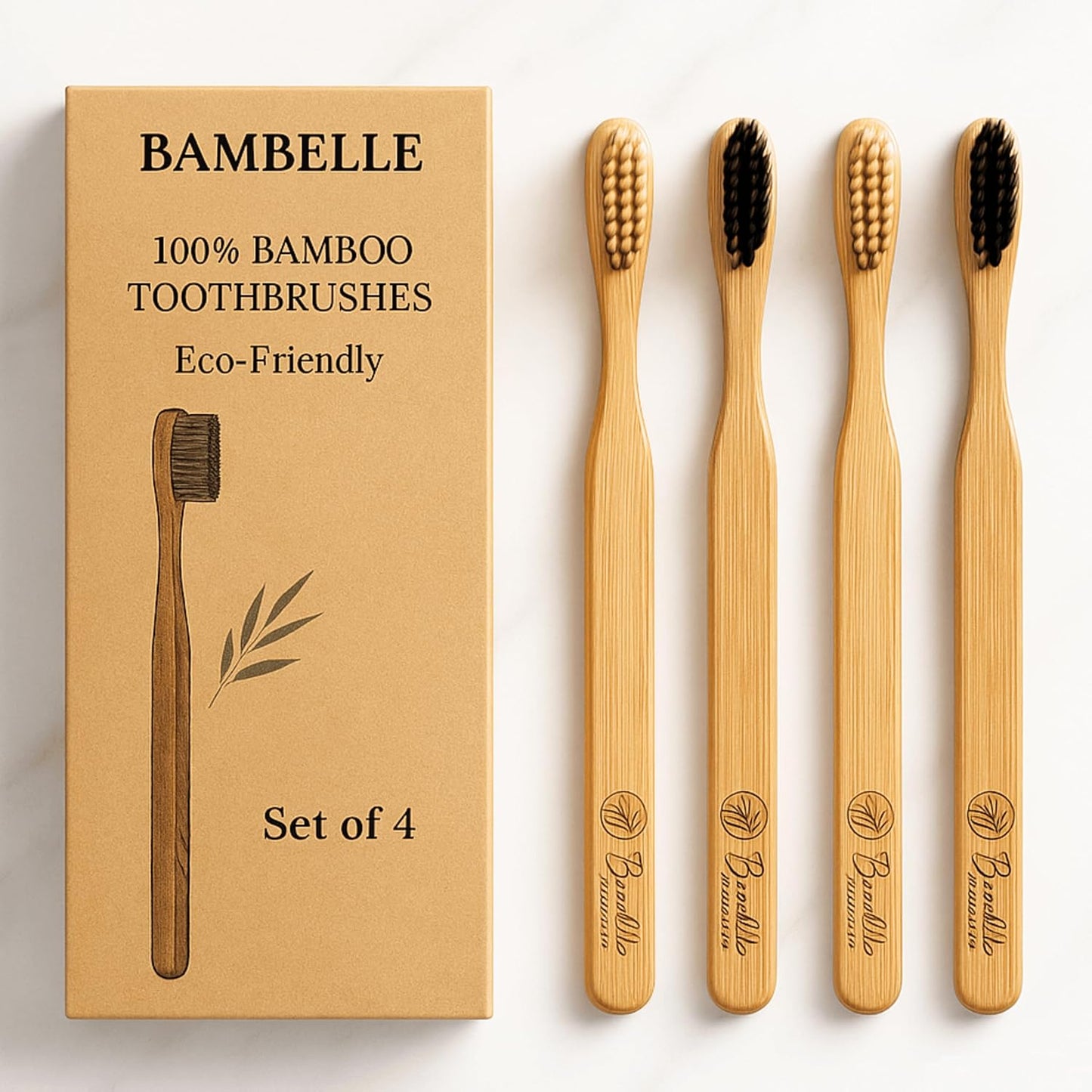 Bamboo Toothbrushes, 4-Pack Soft Bristle, Eco-Friendly, Biodegradable, Natural Wooden, Plastic-Free