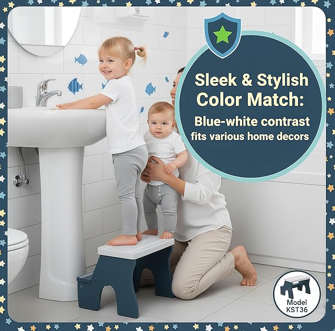 KST36 Wooden Step Stool - 250LBS Load, Non - Slip Water - Resistant Foot Stool for All Ages, Bathroom & Kitchen (Blue & White, Two Step)