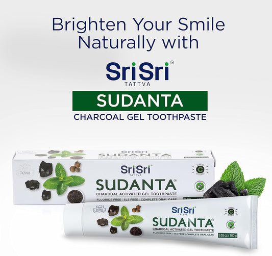Sri Sri Tattva Sudanta Charcoal Toothpaste Gel – SLS, Fluoride Free Herbal Toothpaste with Neem & Ayurvedic Herbs – Natural Teeth Whitening, Fresh Breath, Oral & Gum Health – 100g Tube (Pack of 3)