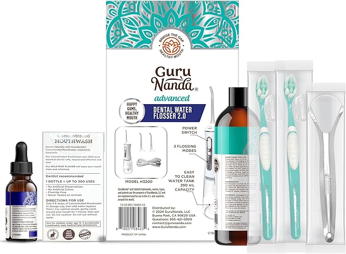 GuruNanda Gums of Steel Kit – Advanced Dental Water Flosser (UV Mode), Concentrated Mouthwash, Cocomint Pulling Oil, Butter on Gums Toothbrush & Tongue Scraper for Overall Oral Hygiene