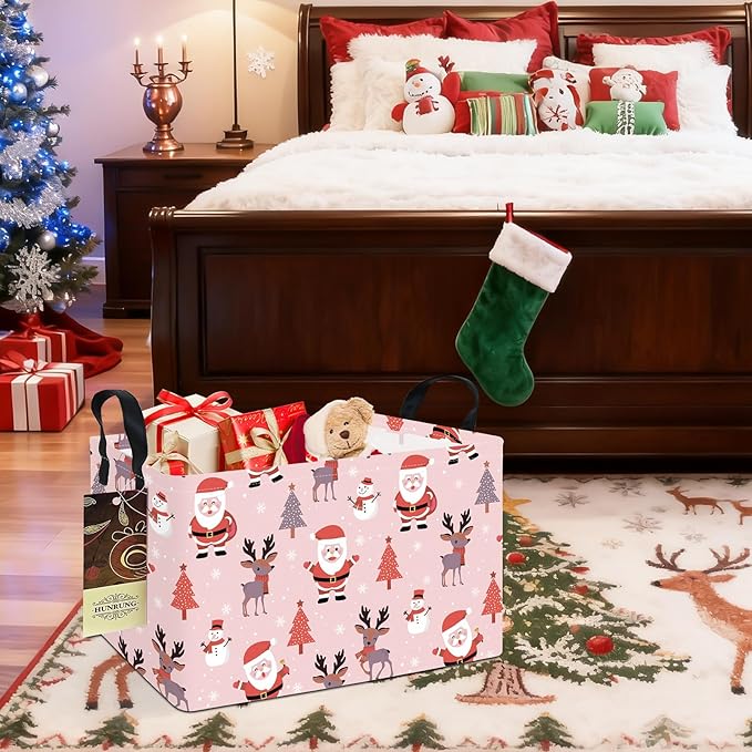 HUNRUNG Rectangle Storage Basket Cute Canvas Organizer Bin for Pet/Children Toys, Books, Clothes Perfect for Rooms/Playroom(REC-Pink Father Christmas)