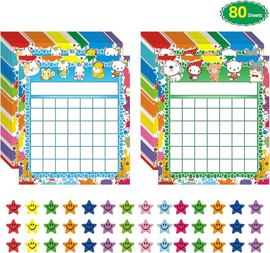 REGELETO 80 Pack Classroom Incentive Chart for 2 Designs with 2400 Pieces Colorful Star Stickers for Kids Students Classroom Teaching or Family Using
