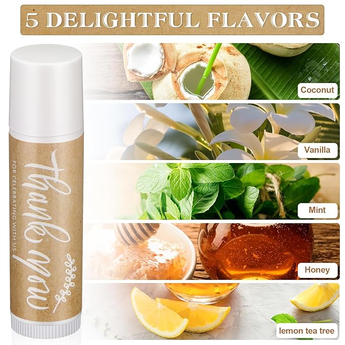 Leelosp Wedding Thank You Lip Balm Bulk Small Natural Moisturizing Mini Balm Lip Care Product Include Organza Bag and Appreciation Card for Women Baby Shower Favors, 5 Fragrance (100 Sets)