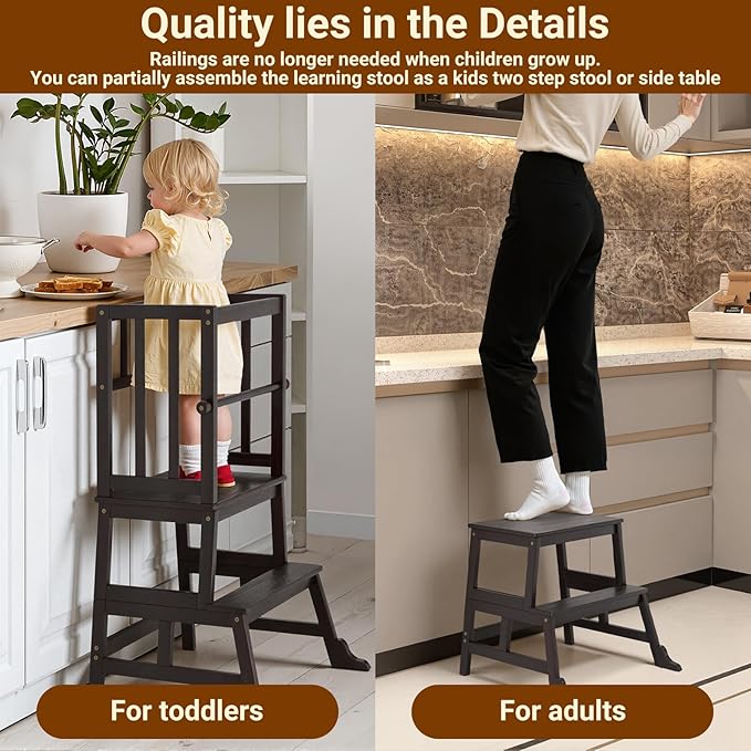 COSYLAND Kids Kitchen Step Stool, Toddler Standing Tower with CPC Certification, Removable Anti-Drop Railing Unique Patented Design A Anti-tip Stable Structure 1.5-3 Years Black Walnut Color