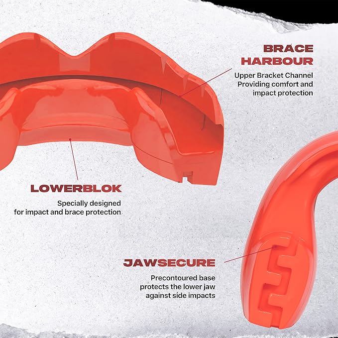 SAFEJAWZ Mouthguard for Braces, Upper & Lower Protection Remoldable Mouth Guard with Case for Boxing, Basketball, Football, MMA, Lacrosse, Hockey and All Contact Sports One Size (Red)