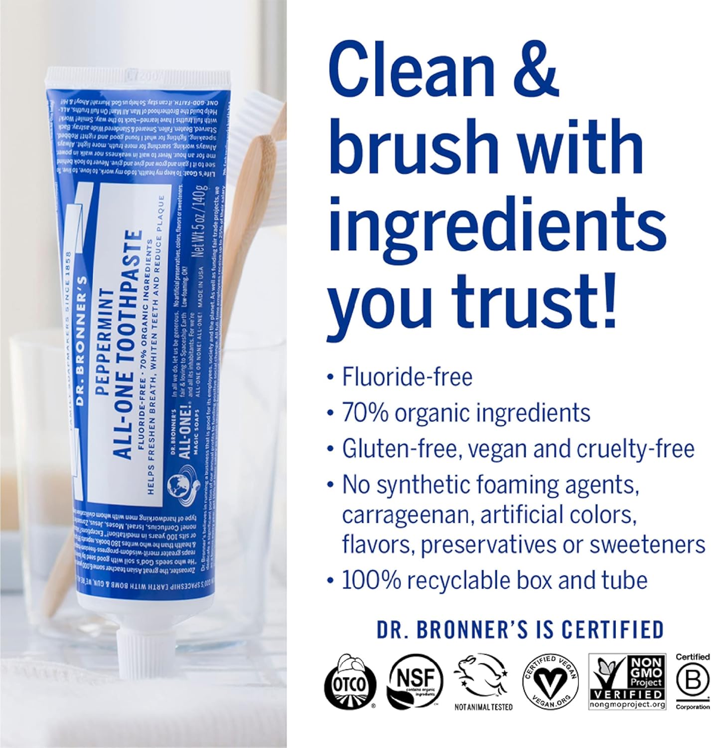Dr. Bronner’s - All-One Toothpaste Variety Pack - Peppermint & Spearmint, 70% Organic Ingredients, Fluoride-Free, Helps Freshen Breath, Vegan (5oz, 4-Pack)