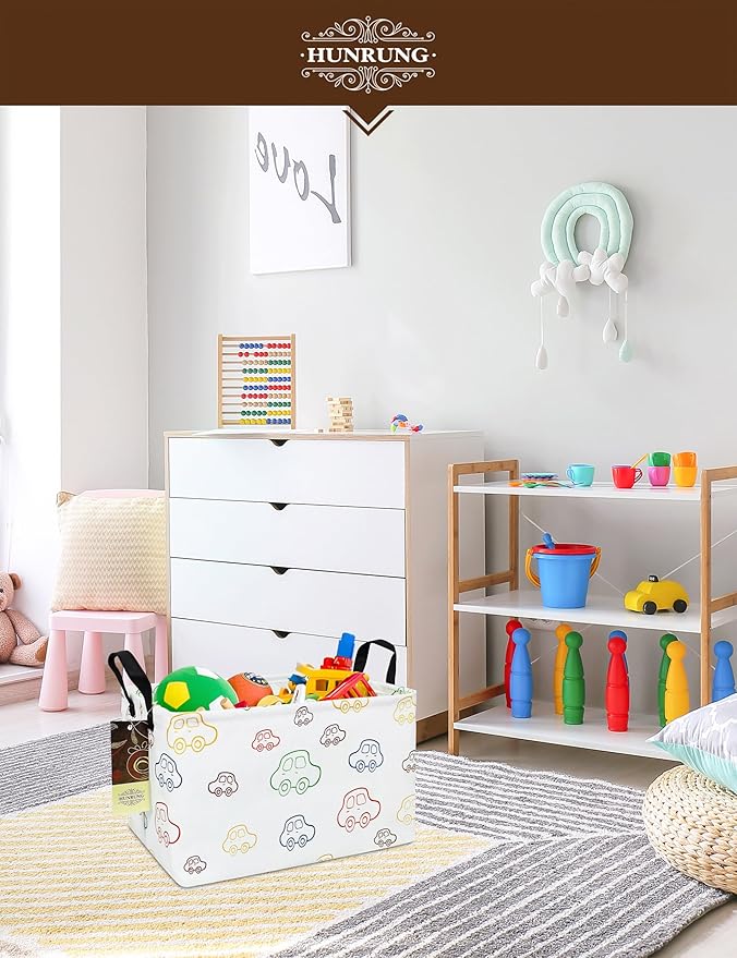 HUNRUNG Rectangle Storage Basket Cute Canvas Organizer Bin for Pet/Children Toys, Books, Clothes Perfect for Rooms/Playroom(REC-Car)
