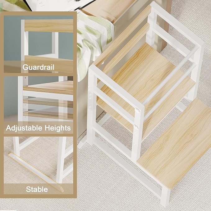 Kitchen Step Stool for Toddlers, Height Adjustable Toddler Tower with Safety Rail, Steel and Wood Toddler Kitchen Stool Helper Kids, Stool for Kids, Learning Tower, Kids' Desk Wood White