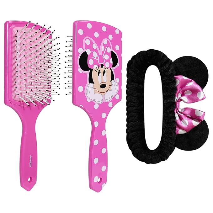 LUV HER Kids Hair Brush & Spa Headband Set for Girls - Features Disney Minnie Mouse - Fun Grooming Kit for Detangling, Styling & Skincare - Soft & Stretchy One Size, Ages 3+