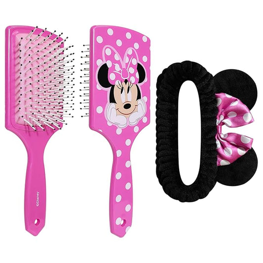 LUV HER Kids Hair Brush & Spa Headband Set for Girls - Features Disney Minnie Mouse - Fun Grooming Kit for Detangling, Styling & Skincare - Soft & Stretchy One Size, Ages 3+