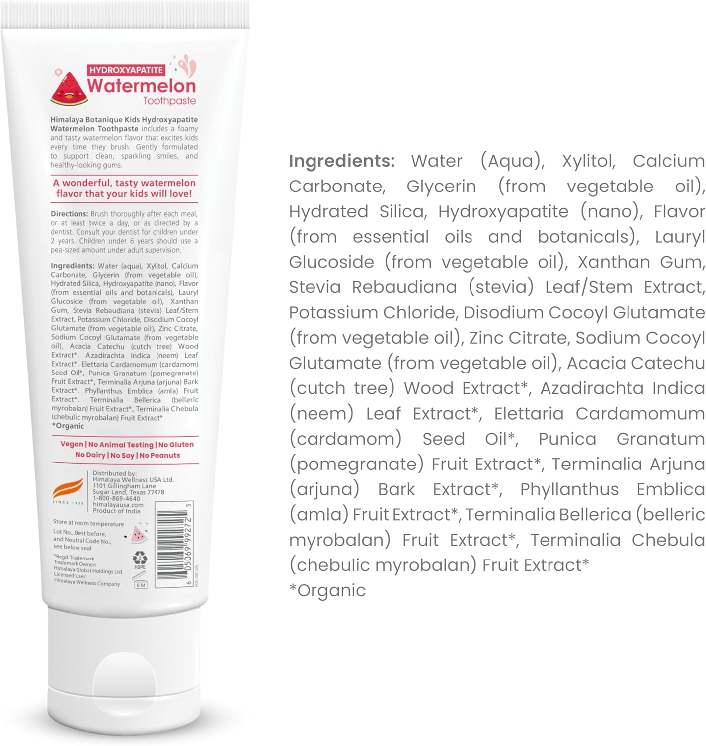 Himalaya Botanique Kids Hydroxyapatite Toothpaste, Watermelon Flavor - Nano Hydroxyapatite to Support Remineralization and Restore Enamel, Fluoride-Free, Vegan, Gluten Free, 4 oz