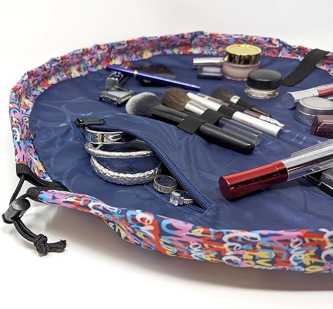 Lay-n-Go Cosmo Layflat Drawstring Cosmetic & Makeup Bag Organizer w/Zipper Pocket, Brush Loops & More, Cinch to Close, Lay Flat to Use, Durable, Machine Wash, Travel Toiletry Bag (20", Love)