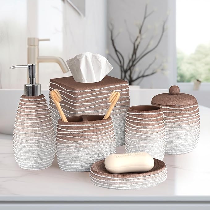 6-Piece Bathroom Accessories Set – Soap Dispenser, Toothbrush Holder, Tumbler, Soap Dish, Cotton Swab Jar & Toilet Brush – Modern Bathroom Decor Set (Antonetta)