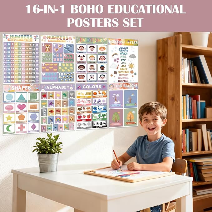 16 Educational Posters for Preschoolers, Laminated PreK Learning Poster Charts for Toddlers 1-3, Learning Wall Charts for Kids’ Bedroom, Playroom, Preschool, Kindergarten and Homeschool (Morandi A)