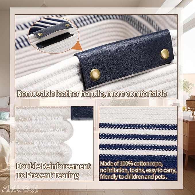 Large Laundry Basket - Tall Woven Rope Laundry Hamper with Leather Handles - Dirty Clothes hamper for Living room, Bedroom, 17.8" X 13.8" X 22", Dark Blue & White