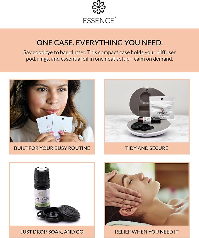 Essence Pearl Travel Case - Wearable Aromatherapy Kit with Nasal Diffuser Rings, Soaking Bay, and 5mL Essential Oil – Portable Wellness Gift Set for On?The?Go Self Care