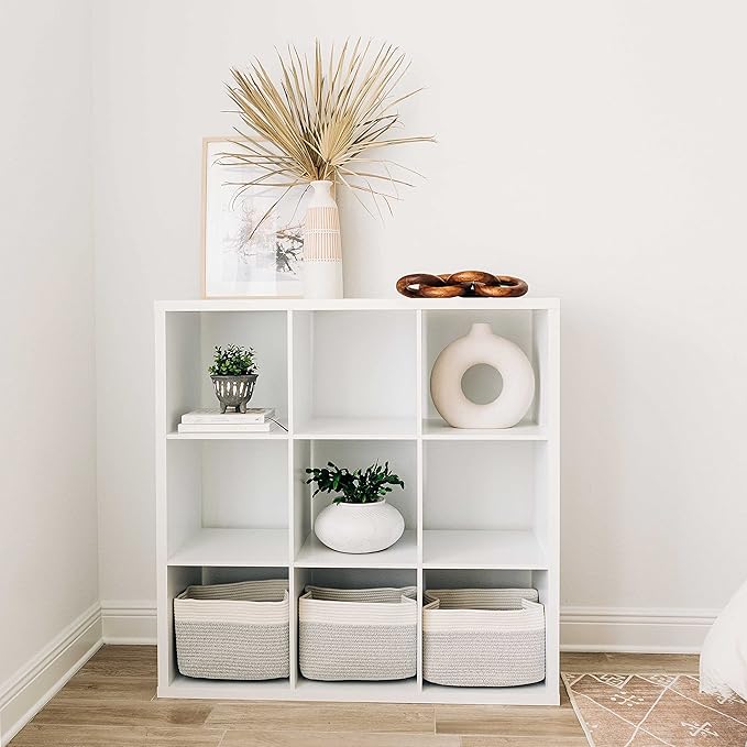 OrganiHaus Set of 3 Woven Storage Baskets for Shelves, Decorative Organizer Bins for Closet & Bathroom, Multipurpose Home Organization Baskets, Toy Storage Basket - Gray/Off-White, 15x9x10 inches