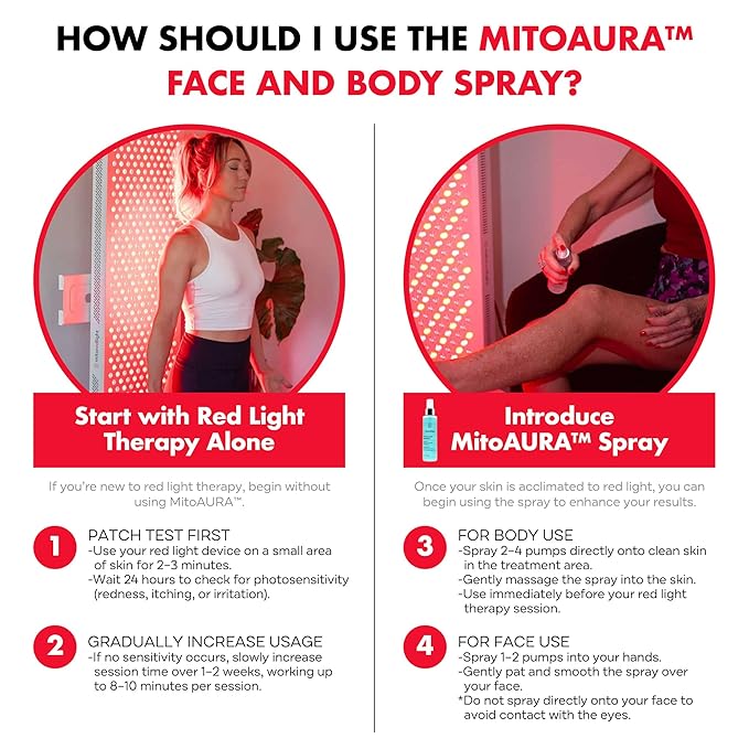Mito Red Light - MitoAURA™: Red Light Therapy-Enhancing Face & Body Spray- Light-Activated Glow Spray with Copper Peptides & Blue Spirulina - Boost Radiance, Firmness & Skin Recovery - 4 FL OZ