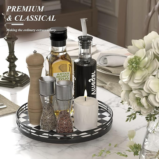 Black and White Kitchen Lazy Susan Turntable – Checkered Round Decorative Tray, 10” Table Top Oak Wood Lazy Susan for Cookies, Dining Table Organizer, Small Kitchen Table Centerpiece