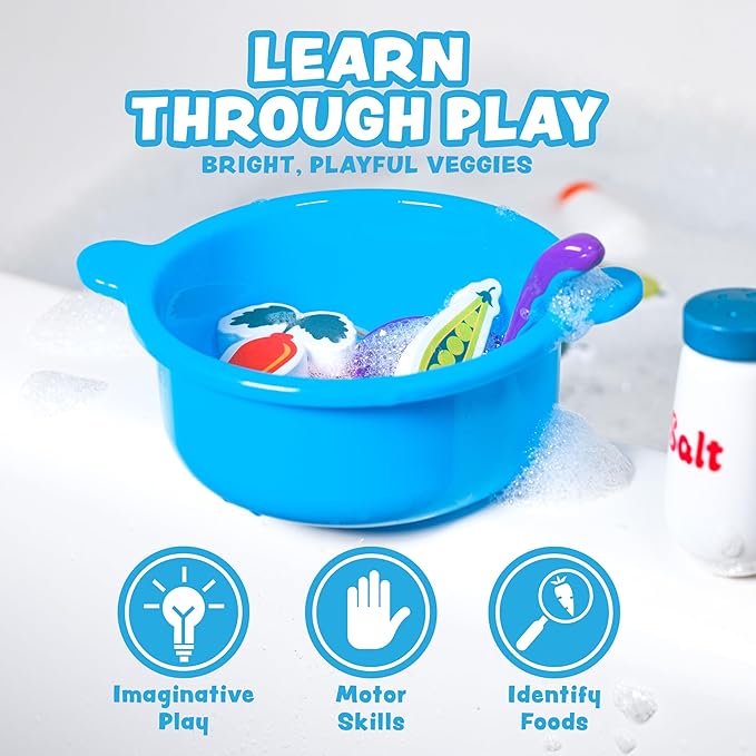 Tub Works® Tub Soup™ Scoop, Strain & Play Toddler Bath Toy | Floating Foam Veggies, Ladle for Scooping & Soup Pot for Straining | Pretend Play Cooking Kids Bath Toys | Creative Bathtub Toys
