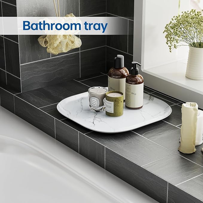 Vanity Decorative Tray, 12" x 12" White Marble Pattern Perfume Tray, Bathroom Tray Countertop Organizer for Soap Towel, Jewelry, Candle