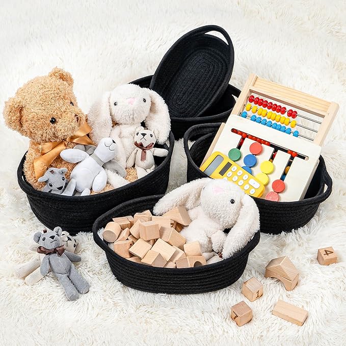 CubesLand Small Cotton Rope Storage Basket Set 5, Shelves Baskets for Organizing with Handle, Decorative Closet Storage Bins for Countertop Toilet Paper Basket for Toilet Tank Top,Black Basket