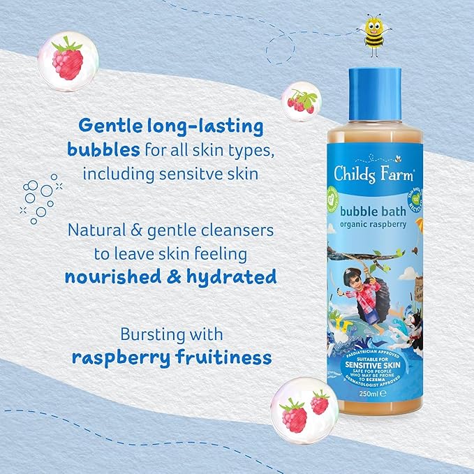Childs Farm, Kids Bubble Bath for Dry, Sensitive Skin, Organic Raspberry, Gently Cleanses & Soothes, Vegan, Cruelty-Free, 8.4 fl oz