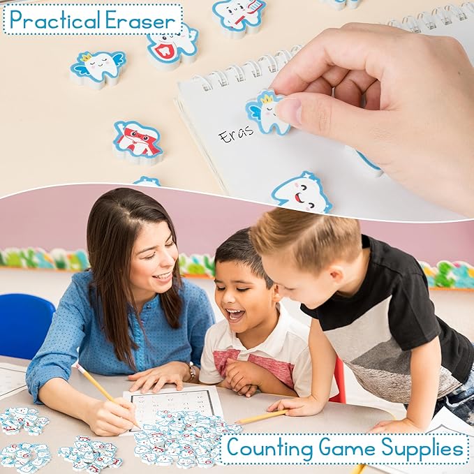 CJiangpo 60Pcs Tooth Mini Erasers for Kids Bulk, Cute Tooth Fairy Pencil Rubber Eraser Cartoon Novelty Teeth Themed Party Favors Filler School Classroom Prizes Gifts
