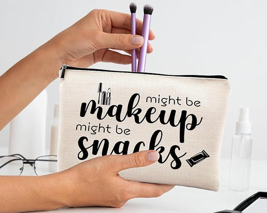 kdqua Novelty Cute Makeup Bag, Funny Quotes Might Be Makeup Might Be Snacks Linen Cosmetic Bag Zipper Pouch Travel Organizer Toiletry Bag, Humor Gift for Woman, Female Friend Birthday Gift Ideas