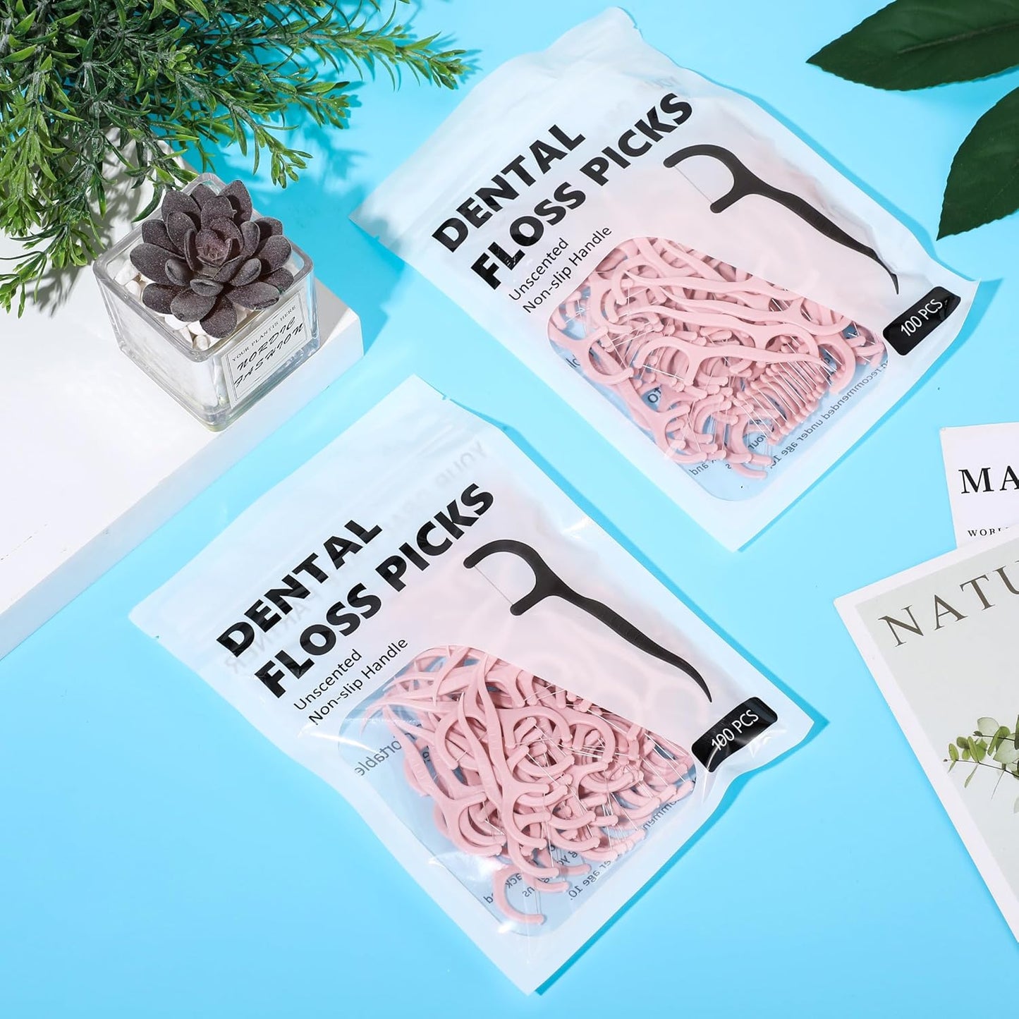 Baderke 200 Count Floss Picks Bulk Non Breakable Tooth Picks Flosser Dental Floss Sticks for Adults Teeth Cleaning Dental Flossers for Family Pack Travel(Light Pink)