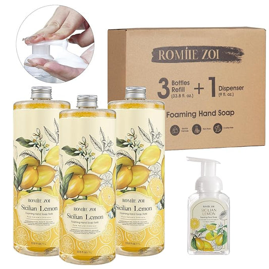ROMIIE ZOI Hand Soap Refills Foaming 3pack (33.8 Fl Oz) + Reuseable Foam Soap Dispenser, Natural and Moisturizing Foaming Refills Kit, Lemon Hand Soap Refills