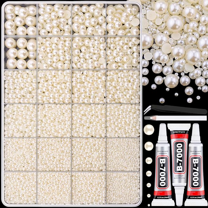 13500Pcs Flatback Pearls for Bedazzling (Beige) with 3Pcs B7000 Jewelry Glue, Assorted Size 2/3/4/5/6/8/10mm Half Pearl, Bedazzling Gems for Crafting Clothing Tumbler Shoes Embellishment Nail Art