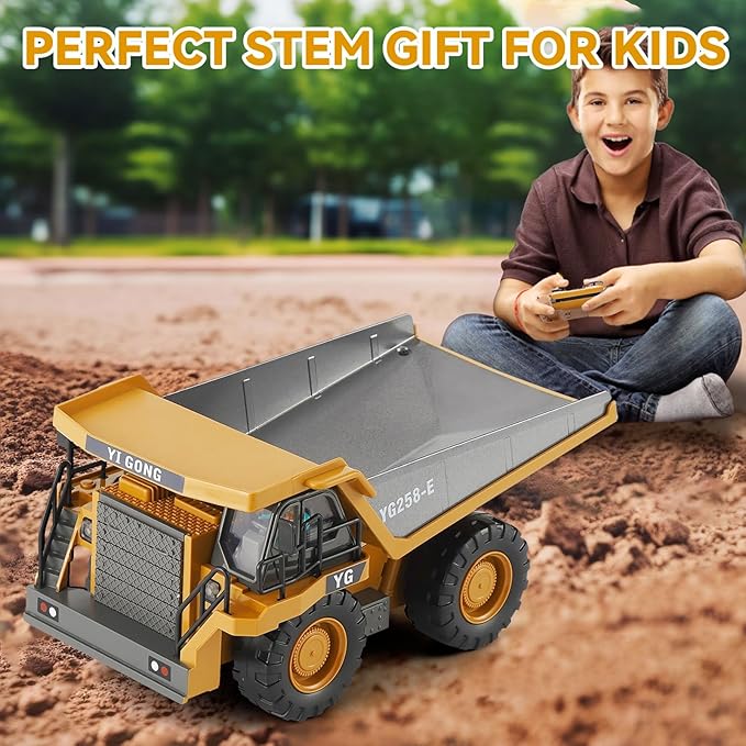 Remote Control Dump Truck, RC Construction Vehicle for Kids with 9 Channel Metal Bed Light Sound & Rechargeable Battery, Electric Transport Garbage Truck Toy for Toddlers Boys Girls Age 6+