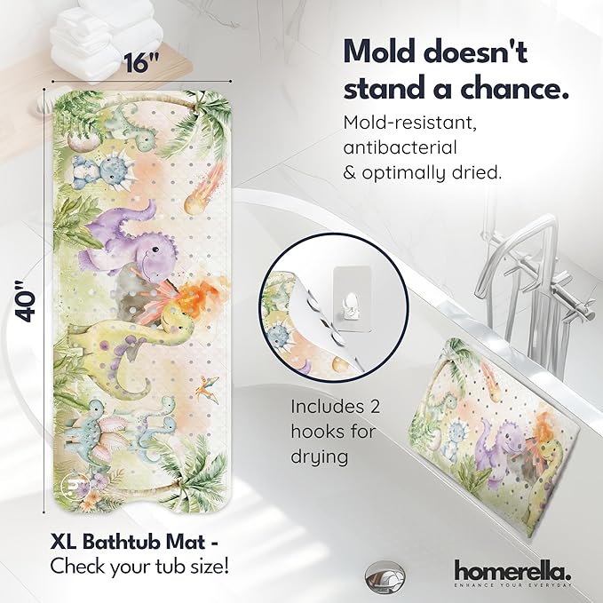 Bath Tub Mat Non Slip Anti Mold for Kids BPA Free INCL Hooks - homerella® Ocean Sea Animals 40x16, Baby Bath Mat Non Slip 200 Suction Cups, Non Toxic Machine Washable Toddler Bath Mat, EU Certified