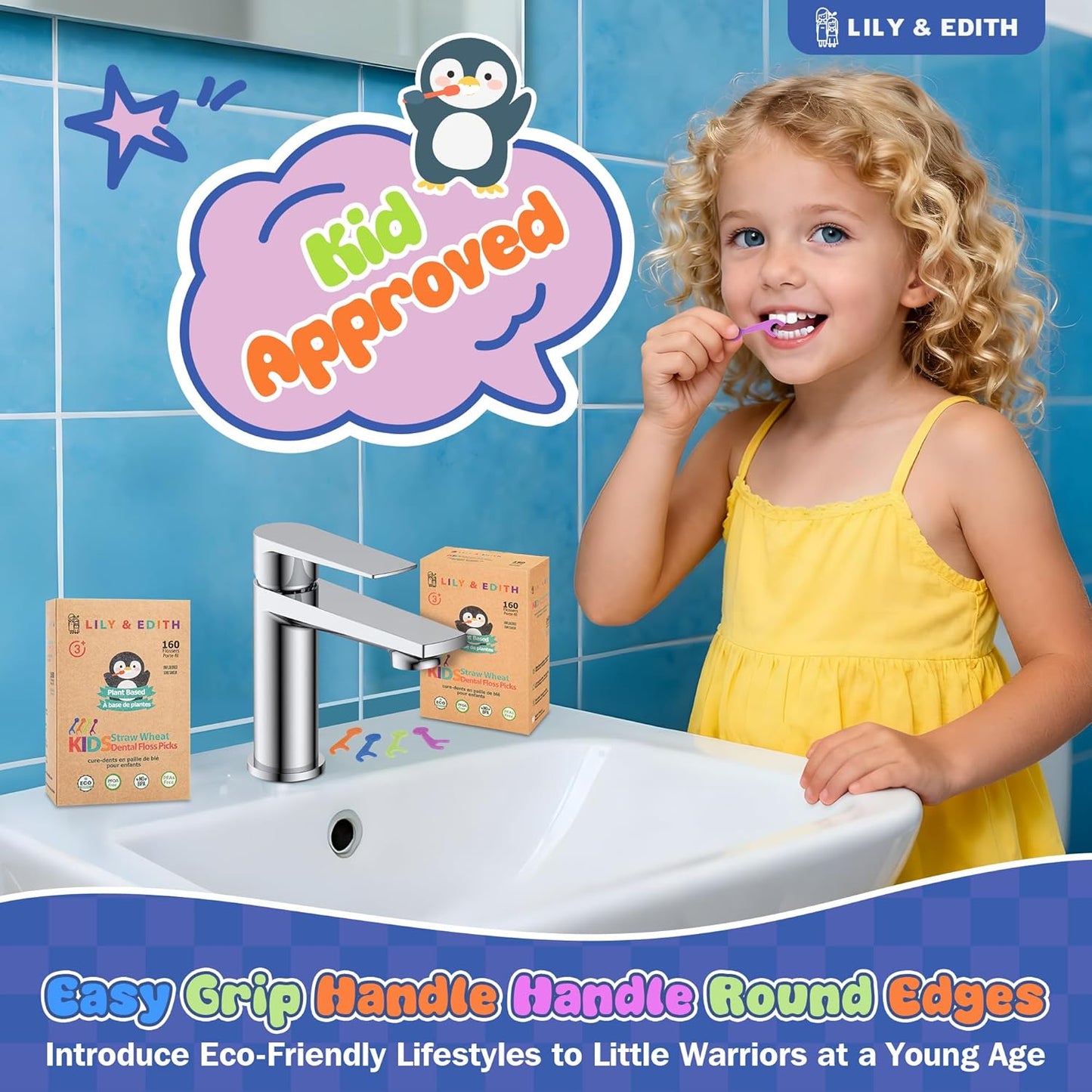 LILY & EDITH Straw Wheat Kids Flossers 160ct, Plant Based Dental Floss Picks for Children, Fluoride & Chemical Free(PFA Free), Penguin Flossing Sticks for Toddler, Paper Package, Unflavored