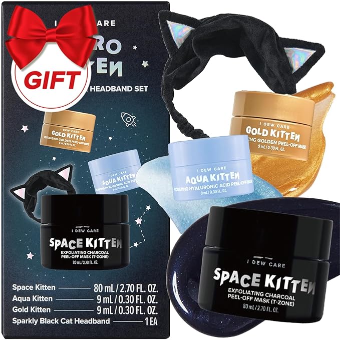 I DEW CARE Peel-off Face Mask Set - Astro Kitten | Exfoliating, Hydrating, Revitalizing, Whitehead Mask, Black Cat Spa Headband, Korean Skincare, Glass Skin, Stocking Stuffers, Travel Size, Mini Set