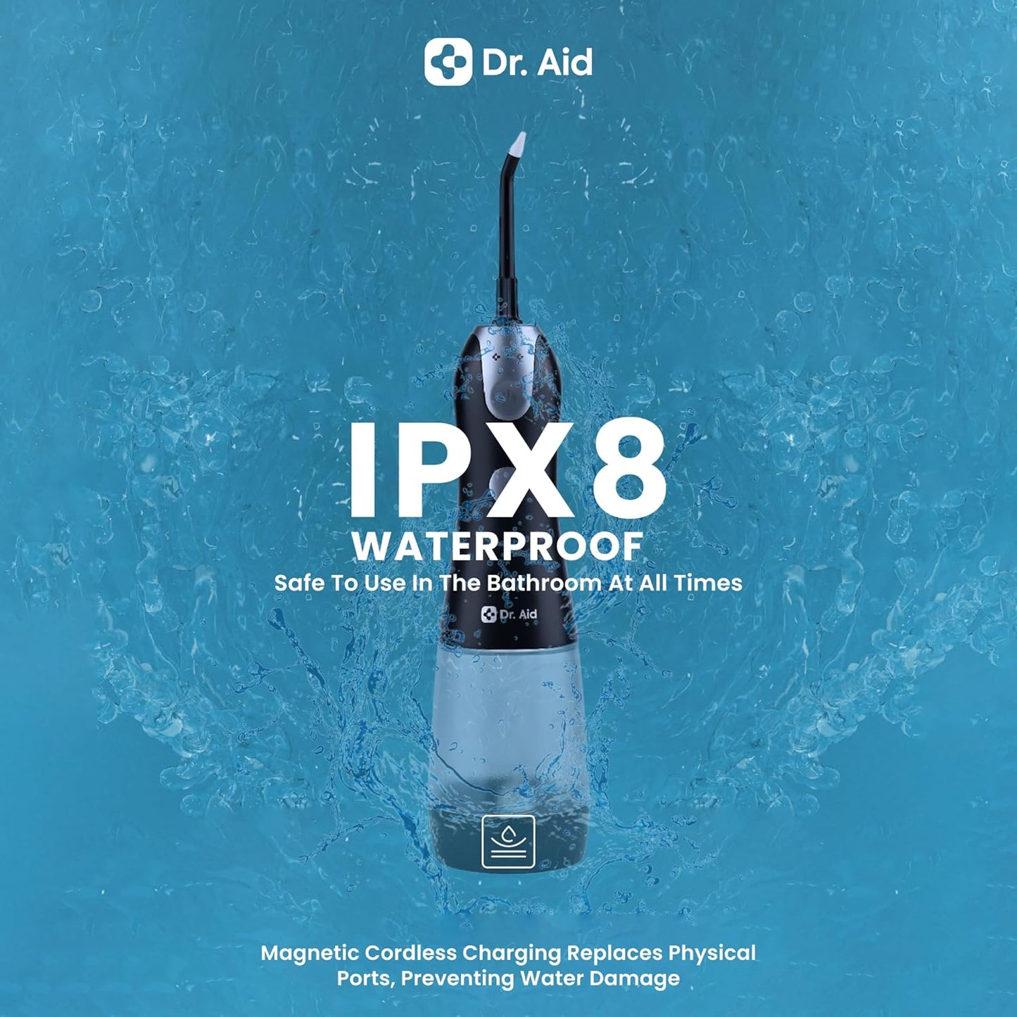Dr. Aid Dental Water Flosser – Portable Oral Irrigator – 11Oz Tank, Water Filter, 5 Tips, Magnetic Charger – IPX8 Waterproof Cordless Water Flosser, Ideal Water Flossers for Teeth, Gums, Braces, Black