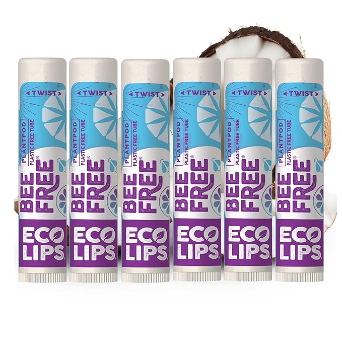 Eco Lips Bee Free Vegan Unscented 100% Natural Lip Balm - Soothe and Moisturize Dry, Cracked and Chapped Lips - 100% Plastic-Free Plant Pod Packaging - Made in USA (6 Tubes)