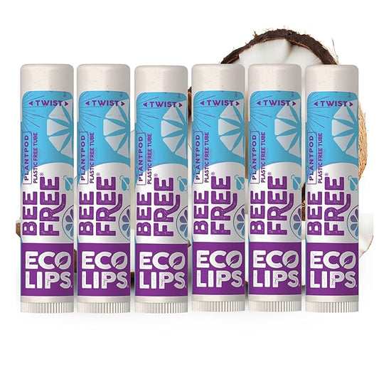 Eco Lips Bee Free Vegan Unscented 100% Natural Lip Balm - Soothe and Moisturize Dry, Cracked and Chapped Lips - 100% Plastic-Free Plant Pod Packaging - Made in USA (6 Tubes)
