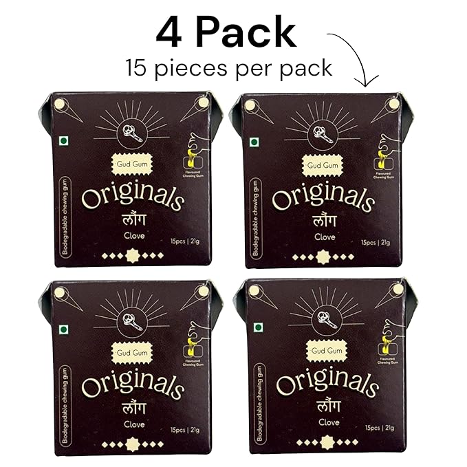 Gud Gum- Natural, Plastic Free Chewing Gum- Clove, Cardamom, Fennel, Cinnamon- 21g x 4 - Mini Pack of 4- No added artificial colours, flavours & sweeteners (Pack of 4, Clove)