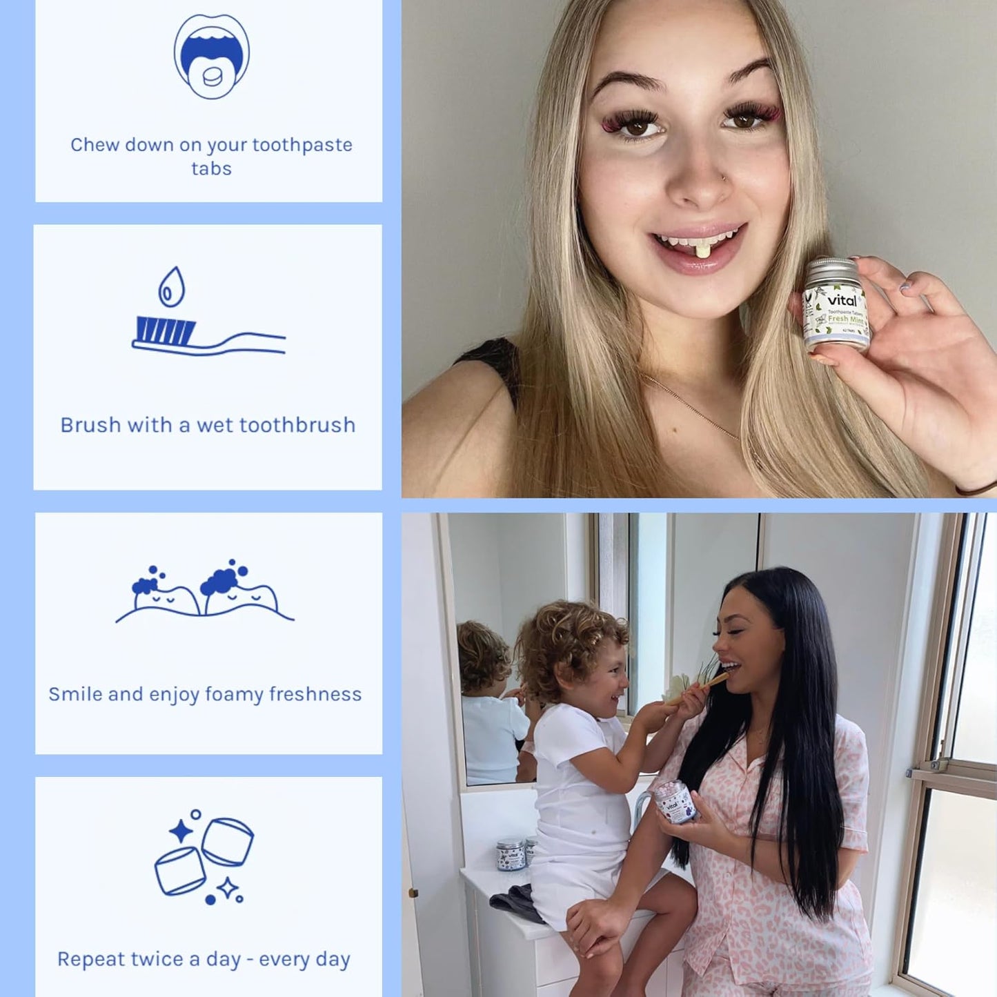 Vital Toothpaste Tabs with Nano-Hydroxyapatite | Naturally Whitens + Remineralizes Teeth | Fluoride & Plastic Free | Combats Sensitivity | Travel & Eco Friendly | Charcoal Mint | 62 Tablets (1 Month)