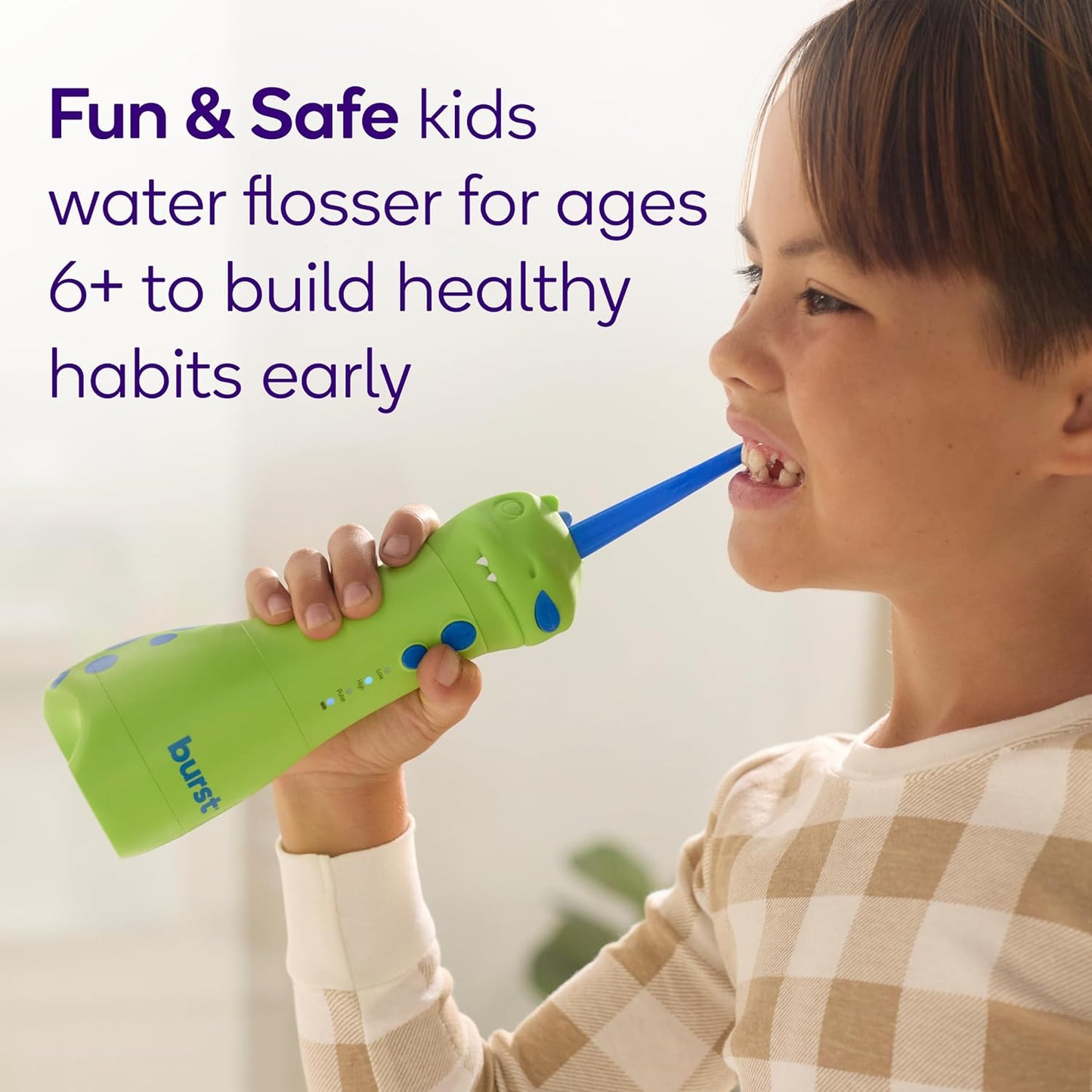 BURST Kids Water Flosser (Dinosaur) | Cordless & Rechargeable Water Flosser for Teeth | 3 Gentle Pressure Modes | Silicone Safety Tip | Braces-Friendly | Fun, Kid-Safe Design | 155mL Water Tank